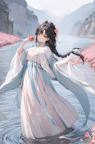 1 Chinese woman, 30 yo,with long black hair (braid), a pink lily in her hair, wearing a blue flat mouth, white translucent Hanfu, holding a branch with red peach blossoms in her hand, posing like a battle, the background is on the bank of the river in the south of the Yangtze River，4k, elegant, no expression