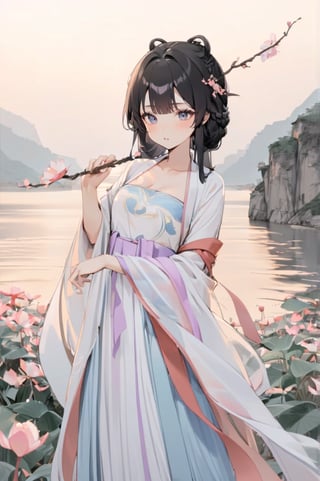 1 Chinese woman, 30 yo,with long black hair (braid), a pink lily in her hair, wearing a blue flat mouth, white translucent Hanfu, holding a branch with red peach blossoms in her hand, posing like a battle, the background is on the bank of the river in the south of the Yangtze River，4k, elegant, no expression