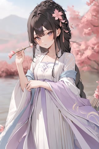 1 Chinese woman, 30 yo,with long black hair (braid), a pink lily in her hair, wearing a blue flat mouth, white translucent Hanfu, holding a branch with red peach blossoms in her hand, posing like a battle, the background is on the bank of the river in the south of the Yangtze River，4k, elegant, no expression