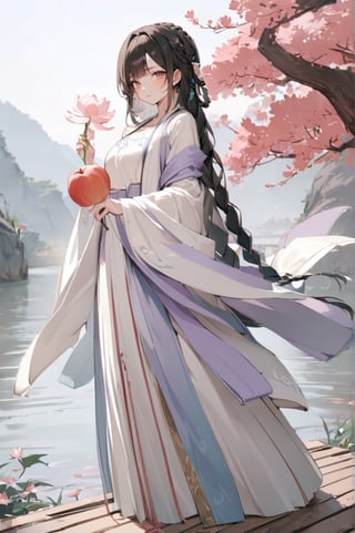 1 Chinese woman, 30 yo,with long black hair (braid), a pink lily in her hair, wearing a blue flat mouth, white translucent Hanfu, holding a branch with red peach blossoms in her hand, posing like a battle, the background is on the bank of the river in the south of the Yangtze River，4k, elegant, no expression