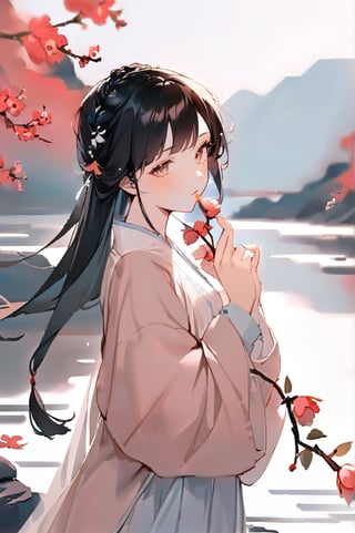 1 Chinese woman, 30 yo,with long black hair (braid), a pink lily in her hair, wearing a blue flat mouth, white translucent Hanfu, holding a branch with red peach blossoms in her hand, posing like a battle, the background is on the bank of the river in the south of the Yangtze River，4k, elegant, no expression