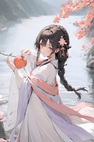 1 Chinese woman, 30 yo,with long black hair (braid), a pink lily in her hair, wearing a blue flat mouth, white translucent Hanfu, holding a branch with red peach blossoms in her hand, posing like a battle, the background is on the bank of the river in the south of the Yangtze River，4k, elegant, no expression