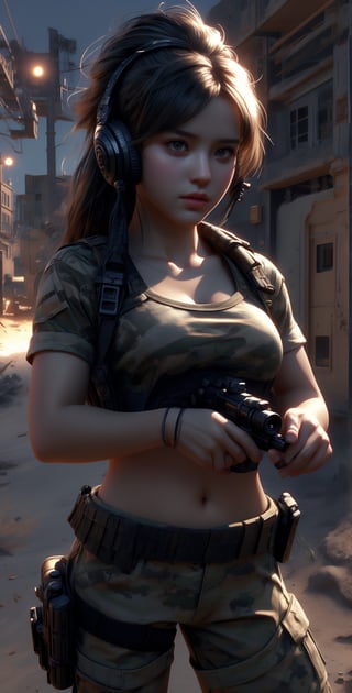 1 beautiful female soldier, wearing communication headphones, young female soldier, girl sniper with small automatic rifle, futuristic combat gear, wearing military camouflage crop top, big breasts, navel, military shorts, thighs, cool action pose, wearing tactical gear with ammunition, cowboy gets shot, inside abandoned city in desert after battle,Taskforce,cameltoe, Glamor body type,  blushed face:0.7),((nervous and embarrassed)), sharp-focus,  beauty mix,  FilmGirl, film grain, detailed fingers, beautiful and aesthetic, masterpiece, high contrast,  bokeh:1.2,  lens flare,  (vibrant color:1.4), (muted colors,  cinematic lighting,  ambient lighting,  side lighting,  Exquisite details and textures, cinematic shot, perfect tone,  (Bright and intense:1.2),  wide shot, (full-body view:1.5), (smile expression:1.3),ultra-realistic illustration, Siena natural ratio,  Best Quality,  photorealistic,  ultra-detailed,  finely detailed,  high resolution,  perfect dynamic composition,official art, digital illustration, best studio quality, 64k UHD, octane render, sharp focus, smooth rhythm