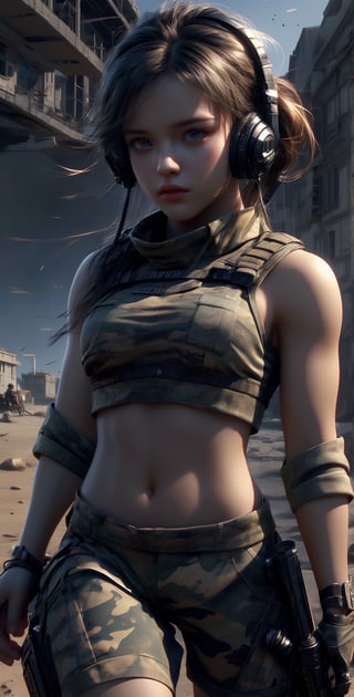 1 beautiful female soldier, wearing communication headphones, young female soldier, girl sniper with small automatic rifle, futuristic combat gear, wearing military camouflage crop top, big breasts, navel, military shorts, thighs, cool action pose, wearing tactical gear with ammunition, cowboy gets shot, inside abandoned city in desert after battle,Taskforce,cameltoe, Glamor body type,  blushed face:0.7),((nervous and embarrassed)), sharp-focus,  beauty mix,  FilmGirl, film grain, detailed fingers, beautiful and aesthetic, masterpiece, high contrast,  bokeh:1.2,  lens flare,  (vibrant color:1.4), (muted colors,  cinematic lighting,  ambient lighting,  side lighting,  Exquisite details and textures, cinematic shot, perfect tone,  (Bright and intense:1.2),  wide shot, (full-body view:1.5), (smile expression:1.3),ultra-realistic illustration, Siena natural ratio,  Best Quality,  photorealistic,  ultra-detailed,  finely detailed,  high resolution,  perfect dynamic composition,official art, digital illustration, best studio quality, 64k UHD, octane render, sharp focus, smooth rhythm