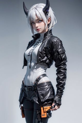 8k, masterpiece, best quality, realistic, sharp focus, cinematic lighting, extremely detailed, epic, edgy, sexy, from below, parted lips, seductive smile, sexually suggestive, blue eyes, white of eyes, ((white_eyebrows)), ((white hair)), bangs, irl wearing white tech bodysuit, gray sports leggings, tech harnesses, cargo straps, tech wear, black jacket, military green cargo pilot, full body, detailed face, tiny_breast, (((plain background))), (((no background))), (((gradient background))), YAMATO, round ass, motoko2045wz, voluptuous, (((white horns))), (hourglass body shape: 0.6), urban techwear,urban techwear