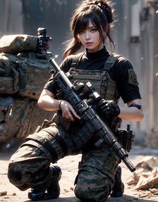 1girl, solo, long hair, looking at the viewer, smile, laugh,  bangs, brown hair, realistic, ponytail, gloves, holding, weapon,  realistic, short sleeves, boots, black gloves, pants, fingerless gloves, black footwear, holding weapon, blurry, gun, military, black shirt, blurry background, (wearing military camouflage crop top, pants), holding gun, rifle, assault rifle, knee pads, one knee, combat boots, M4A1, Military,  elegance, masterpiece, earrings, realistic,  masterpiece, best quality, photorealistic, raw photo,  earrings, black eyes, lips, bow headband, lips, ribbon, realistic, parted lips, lips, ribbon, realistic, blurry background,Military, Taskforce, Assault rifle ,dual wielding twin buster rifle,mecha