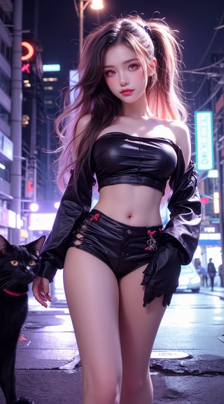 A stunning chibi masterpiece! A young woman with pale blue skin and big, shining red eyes floats amidst a dark and noisy city street, neon lights casting an eerie glow. Her long, twin-tailed hair flows behind her like a dark cloud, while her ripped tube top and tight hot pants reveal a tantalizing glimpse of her curves. The fluffy black cat-ear on her head is the perfect accompaniment to her mischievous grin, as she performs a dynamic pose with one hand grasping a nearby wall and the other raised in triumph. In the background, a blurred cityscape stretches out, filled with towering buildings and flashing lights. The overall effect is a hyper-realistic, top-quality wallpaper that's almost too detailed to be believed.(full_body shot)