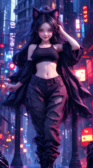 A stunning chibi masterpiece! A young woman with pale skin, shining blue eyes floats amidst a dark and noisy city street, blue_neon lights casting an eerie glow. Her long, twin-tailed hair flows behind her like a dark cloud, while her ripped tube top and tight hot pants reveal a tantalizing glimpse of her curves. The fluffy black cat-ear on her head is the perfect accompaniment to her mischievous grin, as she performs a dynamic pose with one hand grasping a nearby wall and the other raised in triumph. In the background, a blurred cityscape stretches out, filled with towering buildings and flashing lights. The overall effect is a hyper-realistic, top-quality wallpaper that's almost too detailed to be believed.(full_body shot)