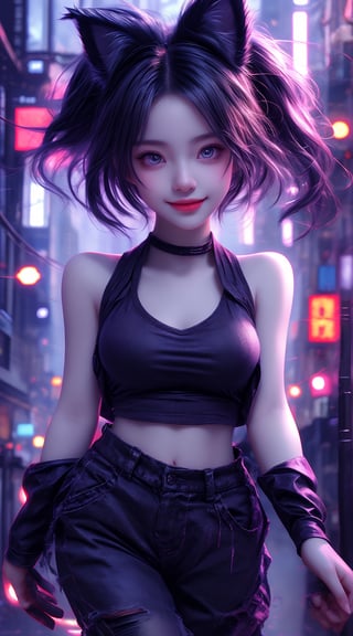 A stunning chibi masterpiece! A young woman with pale skin, shining blue eyes floats amidst a dark and noisy city street, blue_neon lights casting an eerie glow. Her long, twin-tailed hair flows behind her like a dark cloud, while her ripped tube top and tight hot pants reveal a tantalizing glimpse of her curves. The fluffy black cat-ear on her head is the perfect accompaniment to her mischievous grin, as she performs a dynamic pose with one hand grasping a nearby wall and the other raised in triumph. In the background, a blurred cityscape stretches out, filled with towering buildings and flashing lights. The overall effect is a hyper-realistic, top-quality wallpaper that's almost too detailed to be believed.(full_body shot)