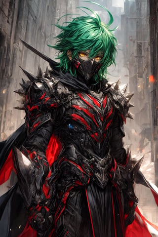 solo male,black and red knight armor, spiky green hair,yellow eyes,wrenchsmechs,no spikes on amror,cape,