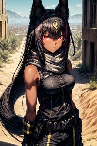 solo mature female,buff,red eyes,long black hair,anubis tail,anubis ears,dark tan skin,desert city background,scarf,black sleeveless shirt,stern expression,tactical gear,fingerless_gloves,