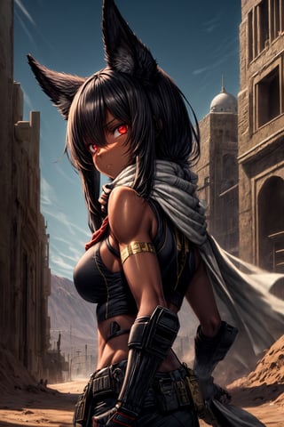 solo mature female,buff,red eyes,long black hair,anubis tail,anubis ears,dark tan skin,desert city background,scarf,black sleeveless shirt,stern expression,tactical gear,fingerless_gloves,