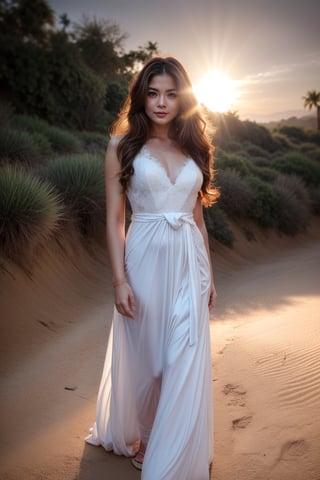 CINEMATIC SHOT, of slim and skinny very long HAIR BLONDE HAIR a 29 years old indonesian bleach with abs ((wearing a white intrincate Forestyashe Women'S Elegant Lace Dress Deep V Sling Bridal Wedding Evening Dress))), Sun in the background, burning sky, a halo effect, lights and shadows on her body, lens flare, heresy flares (35mm, F/2.8)((Photo Focus, DOF, Aperture, Cinematic Color grading insanely detailed and intricate, character, hypermaximalist, elegant, ornate, beautiful, exotic, revealing, appealing, attractive, amative, hyper realistic, super detailed, trending on flickr)) Perfect face, alluring eyes, simple cinematic background, atmospheric haze, dramatic lighting, high contrast, intense shadow play, WHITE palette, Canon 50 mm Objetive ,dynamic pose, (lens flare, heresy flares:1.2) (50mm, F/2.8)((Photo Focus, DOF, Aperture, Cinematic Color grading insanely detailed and intricate, character, hypermaximalist, elegant, boho, beautiful, exotic, revealing, appealing, attractive, amative, hyper realistic, super detailed, trending on flickr)) (skinny, slim, toned:1.2) smiling and laughing, oiled skin,((purple wide and long gown)),dynamic pose, (looking at the viewer:1.4), (slender), athletic, (dark lips:1.5),(stocks:1.5),handcuffs,o ring,(collared),detailed hands,detailed feet,small nipples. (nervous), realistic skin texture,perfect face,detailed eyes, ((night time, at Egipt desert)), (full body shot:1.5) ,sun tanned skin, tanlines, (seductive smile:0.4), hard shadows, glossy lips, lascivious, lewd, hot, radiant god rays, grainy, masterpiece, best quality, extremely detailed,standing, full body shot, scenic view, cinematic lighting, detailed fur and eyes, 8k, realistic, award winning, photograph,kns