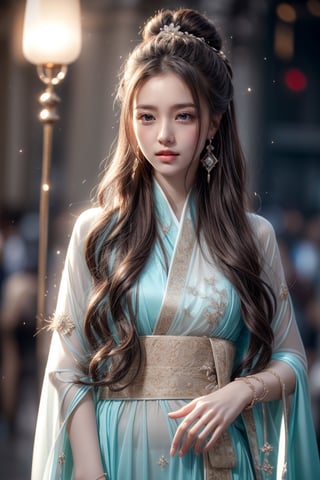 The background is midnight sky,big blue moon,dark night,snow blowing,16 yo, 1 girl,sword,halo,shining bracelet,beautiful hanfu(white, transparent),cape, cloth blowing in wind, solo, {beautiful and detailed eyes}, calm expression, natural and soft light, delicate facial features, cute japanese idol, very small earrings, ((model pose)), Glamor body type, (dark hair:1.2),  beehive,big bun,very_long_hair, hair past hip, curly hair, flim grain, realhands, masterpiece, Best Quality, photorealistic, ultra-detailed, finely detailed, high resolution, perfect dynamic composition, beautiful detailed eyes, eye smile, ((nervous and embarrassed)), sharp-focus, full_body, sexy pose,cowboy_shot,ruanyi0060