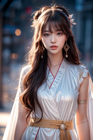 The background is midnight sky,big blue moon,dark night,snow blowing,16 yo, 1 girl,sword,halo,shining bracelet,beautiful hanfu(white, transparent),cape, cloth blowing in wind, solo, {beautiful and detailed eyes}, calm expression, natural and soft light, delicate facial features, cute japanese idol, very small earrings, ((model pose)), Glamor body type, (dark hair:1.2),  beehive,big bun,very_long_hair, hair past hip, curly hair, flim grain, realhands, masterpiece, Best Quality, photorealistic, ultra-detailed, finely detailed, high resolution, perfect dynamic composition, beautiful detailed eyes, eye smile, ((nervous and embarrassed)), sharp-focus, full_body, sexy pose,cowboy_shot,ruanyi0060