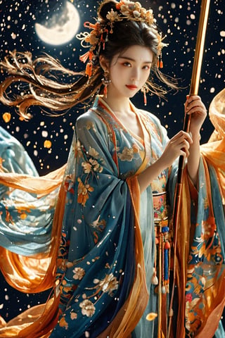 The background is the midnight sky, big blue moon, dark night, falling snow, 16 years old, 1 girl, sword, halo, shiny bracelet, beautiful Dunhuang costume (white, transparent), cloak, cloth fluttering in the wind, solo , {beautiful and delicate eyes}, calm expression, natural soft light, exquisite facial features, cute Japanese idol, very small earrings, ((model pose)), charming body shape, (dark hair: 1.2), honeycomb, Big bun, very long hair, past hair hips, curly hair, thin grain, real handwork, masterpiece, best quality, photorealistic, super detailed, fine, high resolution, perfect dynamic composition, beautiful detailed eyes , eyes smiling, ((nervous and embarrassed)), sharp focus, bare upper body, sexy pose, cowboy shot, ruanyi0060