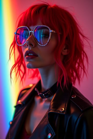 A portrait of an edgy model with red-colored hair, wearing disco glasses and futuristic-looking . She is lit from behind by rainbow-colored light, creating a high-contrast, hyper-realistic photographic effect.