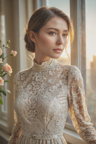 portrait of a woman weared long-sleeve high neck lace dress near the window, (many flowers:1.2), soft light, golden hour, upper body, hdr, 4k textures, natural skin texture, skin pores, intricate, highly detailed, sharp focus, insane details, intricate details, hyperdetailed, hyperrealistic,