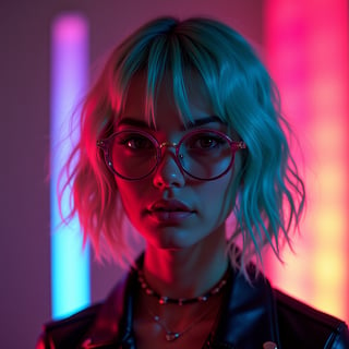 A portrait of an edgy model with neon-colored hair, wearing round glasses and futuristic-looking . She is lit from behind by rainbow-colored light, creating a high-contrast, hyper-realistic photographic effect.