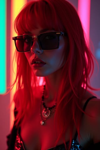 A portrait of an edgy sexy model with red-colored hair, wearing disco apparel and futuristic-looking . She is lit from behind by rainbow-colored light, creating a high-contrast, hyper-realistic photographic effect.