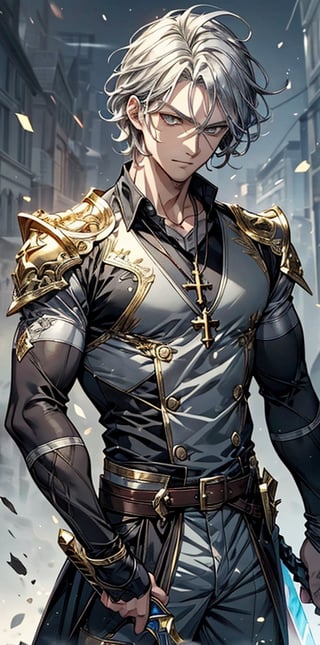 (best quality, masterpiece, illustration, designer, lighting), (extremely detailed CG 8k wallpaper unit), (detailed and expressive golden eyes), detailed particles, beautiful lighting, a handsome boy, short grey messy hair, (Wear grey mercenary costume with rolled up sleeves, wearing silver cross necklace, holding a silver sword while resting it on his shoulder)grin, fit and lean physique (Eugene from the novel Damn Reincarnation),  (Pixiv anime style), (Wit studios),(manga style), 