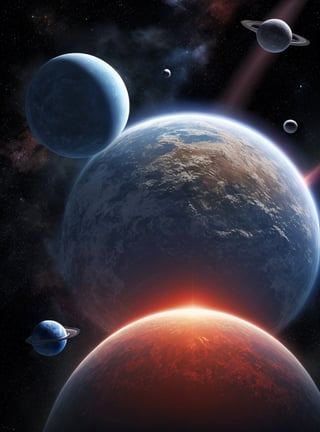 space background, two planets, 1 red and alot bigger, 1 blue and smaller, about to collide, viewed from different planet