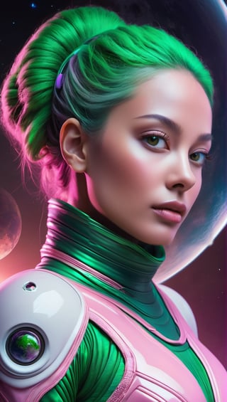 Aan alien female with green skin wearing a body hugging space suit. Her face is close to human like. She is very beautiful. She has a serious expression and she has hair that is tied up. . Background is space with 2 planets visible. The planets look earth like but the water of the planet is pink. The land mass is like that on earth. 