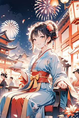 1girl, solo, A female general from ancient China, dressed in Hanfu, sits on a chair in an East Asian-style inn. Outside the window is a lively festival with lanterns, crowds, and fireworks lighting up the night. She has black hair, a confident smile, and bright eyes, looking directly at the camera. In the distant background, petals are floating. She holds a teacup in her hand.