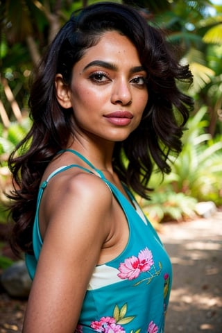 A photo of a pretty woman with long hair, bored, She wears a sleeveless blouse with colorful patterns, armpits, closeup portrait, 85mm lens, (analog, cinematic, film grain:1.3), (walking on a forest trail), ((detailed eyes)), (epicPhoto), (color picture:1.1), makeup, (looking at viewer),SaiPallavi 