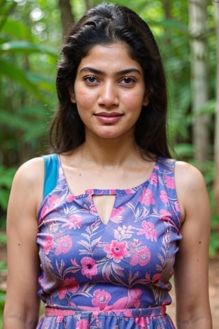 A photo of a pretty woman with long hair, bored, She wears a sleeveless blouse with colorful patterns, armpits, closeup portrait, 85mm lens, (analog, cinematic, film grain:1.3), (walking on a forest trail), ((detailed eyes)), (epicPhoto), (color picture:1.1), makeup, (looking at viewer),SaiPallavi 