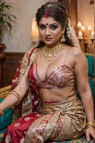 Amazingly beautiful indian bride with dazzling jewelry, sindoor on hair partings, sindoor, sindur, ornate display, sitting coyly on a park bench curvy body, large breast, deep cleavage, strapless bra, beautifully done hair, masterpiece, uhd, best quality, shot with nikon 70 mm lens, wedding photography, realism