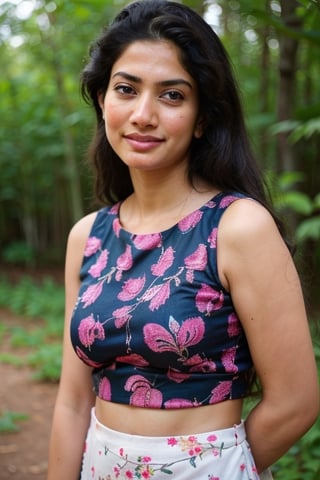 A photo of a pretty woman with long hair, bored, She wears a sleeveless blouse with colorful patterns, armpits, closeup portrait, 85mm lens, (analog, cinematic, film grain:1.3), (walking on a forest trail), ((detailed eyes)), (epicPhoto), (color picture:1.1), makeup, (looking at viewer),SaiPallavi 