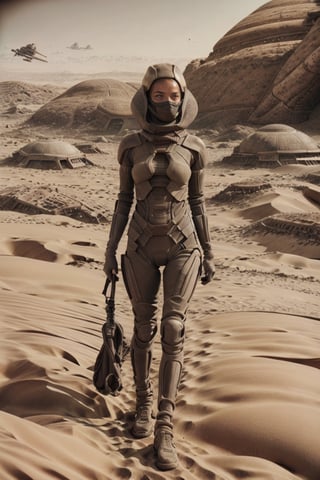 18 year old Russian girl, light brown hair girl, named Ivanna textured skin, ambient light, realistic shadows, beautiful detailed eyes, slender body, slim fit body, fit teen girl,  [[FULL BODY]], BREAK, Ivanna arrived on planet Arrakis (((DUNE))), shes wearing a stillsuit a respirator mask from Dune movie, at the background you see the arid landscape of planet Arrakis, ((Ivanna just arrived on the arid planet her spaceship crashed on the arid desert planet)), (((( RETRO DUNE MOVIE POSTER))))