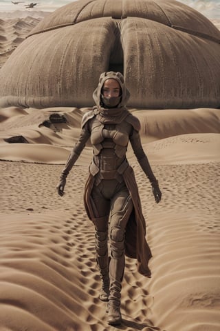 18 year old Russian girl, light brown hair girl, named Ivanna textured skin, ambient light, realistic shadows, beautiful detailed eyes, slender body, slim fit body, fit teen girl,  [[FULL BODY]], BREAK, Ivanna arrived on planet Arrakis (((DUNE))), shes wearing a stillsuit a respirator mask from Dune movie, at the background you see the arid landscape of planet Arrakis, ((Ivanna just arrived on the arid planet her spaceship crashed on the arid desert planet)), (((( RETRO DUNE MOVIE POSTER))))