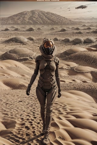 18 year old Russian girl, light brown hair girl, named Ivanna textured skin, ambient light, realistic shadows, beautiful detailed eyes, slender body, slim fit body, fit teen girl,  [[FULL BODY]], BREAK, Ivanna arrived on planet Arrakis (((DUNE))), shes wearing a stillsuit a respirator mask from Dune movie, at the background you see the arid landscape of planet Arrakis, ((Ivanna just arrived on the arid planet her spaceship crashed on the arid desert planet)), (((( RETRO DUNE MOVIE POSTER))))