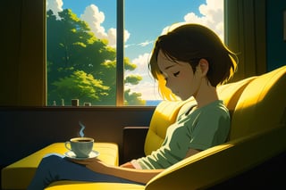  close up, a girl doze off, sit on sofa, in the room, a cup of coffee on the table, midnight, golden ratio, fake detail, trending pixiv fanbox, acrylic palette knife, style of makoto shinkai studio ghibli genshin impact james gilleard greg rutkowski chiho aoshima, better photography