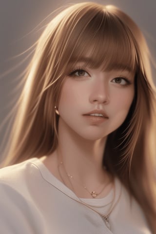 1girl, solo, long hair, looking at viewer, bangs, blonde hair, shirt, brown eyes, jewelry, closed mouth, white shirt, upper body, grey background, necklace, lips, portrait, realistic