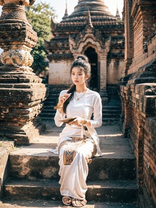 1girl, 25 year old, Standing on Bagan ancient  Pagoda stairs, royal long black hair style, royal beauty, perfect Royal face Expression, Beautiful hips, perfect beauty thighs, fullbody view, medium shot. Amazing Perfect Beauty Face and Eye, Amazing Perfect Beauty big breasts, perfect beauty pose. Beautiful Fingers, Bagan Pagoda, beautiful many candel light everywhere,

MMTD BURMESE PATTERNED TRADITIONAL DRESS, DARK ORANGE RED,
BROWN NECKLACES AND WHITE BRACELET,
BLACK SINGLE BUN HAIR WITH WHITE COLOR FLOWER, 

realistic, 4k, soft skin, Bagan ancient pagoda stairs background, sun rise, detailed skin texture, Very Soft Beauty Lighting, Soft Light, Goldenratio, masterpeace, realistic skin and detail face texture, Beautiful Perfect lip,
