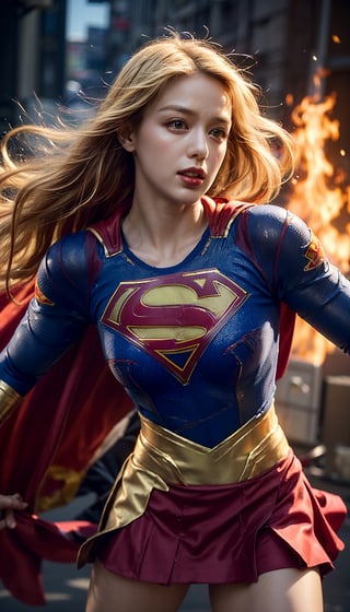 (stunning masterpiece, 8k, raw, (ultra realistic), colorful, eyes, dynamic angle, highest detailed) ,(Supergirl:1.4), 20yo, surprised look, (torned clothes:1.7, ripped clothes:1.7), cowboy shot, yellow blonde hair, studio fashion long hair, detailed Supergirl suit, ((scarlet_red skirt:1.4)),  (high resolution textures), dynamic pose, (long long cape), (intricate details, hyperdetailed:1.15), detailed, (fantasy background), (official art, extreme detailed, highest detailed), HDR+, in midair overlooking downtown, ,photorealistic,girl,,huoshen,zhurongshi,fire,sks woman