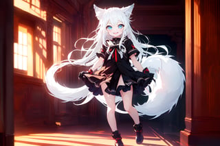 ultra epic HD, photorealistic, cinematic, (masterpiece, best quality:1.15), (1girl, solo, loli), wolf ears, (perfect beautiful eyes), white hair, smile, (full body), ((cute, adorable)), 