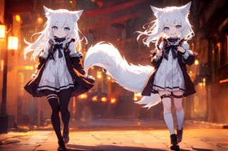 ultra epic HD, photorealistic, cinematic, (masterpiece, best quality:1.15), (1girl, solo, loli), wolf ears, perfect beautiful eyes, white hair, smile, ((full body)), (((cute, adorable))), 