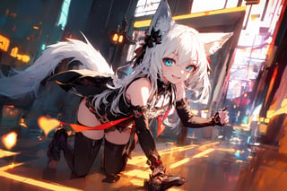 ultra epic HD, photorealistic, cinematic, (masterpiece, best quality:1.15), (1girl, solo, loli), wolf ears, perfect beautiful eyes, white hair, smile, (full body), ((cute, adorable)), 