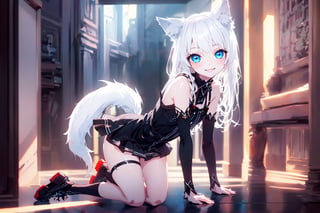 ultra epic HD, photorealistic, cinematic, (masterpiece, best quality:1.15), (1girl, solo, loli), wolf ears, perfect beautiful eyes, white hair, smile, (full body), ((cute, adorable)), 