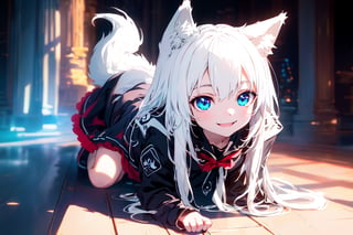 ultra epic HD, photorealistic, cinematic, (masterpiece, best quality:1.15), (1girl, solo, loli), wolf ears, (perfect beautiful eyes), white hair, smile, (full body), ((cute, adorable)), 