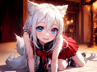 high detailed, photorealistic, cinematic, (masterpiece, best quality:1.15), (1girl, (solo), loli), wolf ears, perfect beautiful eyes, white hair, smile, ((full body, (cute, adorable))), (bestiality)