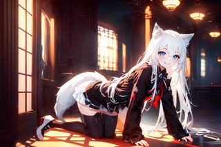 ultra epic HD, photorealistic, cinematic, (masterpiece, best quality:1.15), (1girl, solo, loli), wolf ears, perfect beautiful eyes, white hair, smile, (full body), ((cute, adorable)), 