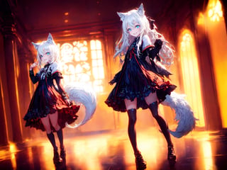 ultra epic HD, photorealistic, cinematic, (masterpiece, best quality:1.15), (loli), wolf ears, perfect beautiful eyes, white hair, smile, ((full body))