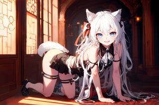 ultra epic HD, photorealistic, cinematic, (masterpiece, best quality:1.15), (1girl, solo, loli), wolf ears, perfect beautiful eyes, white hair, smile, ((full body)), (((cute, adorable))), 