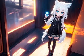 ultra epic HD, photorealistic, cinematic, (masterpiece, best quality:1.15), (1girl, solo, loli), wolf ears, perfect beautiful eyes, white hair, smile, (full body), ((cute, adorable)), 