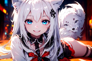 ultra epic HD, photorealistic, cinematic, (masterpiece, best quality:1.15), (1girl, solo, loli), wolf ears, (perfect beautiful eyes), white hair, smile, (full body), ((cute, adorable)), 